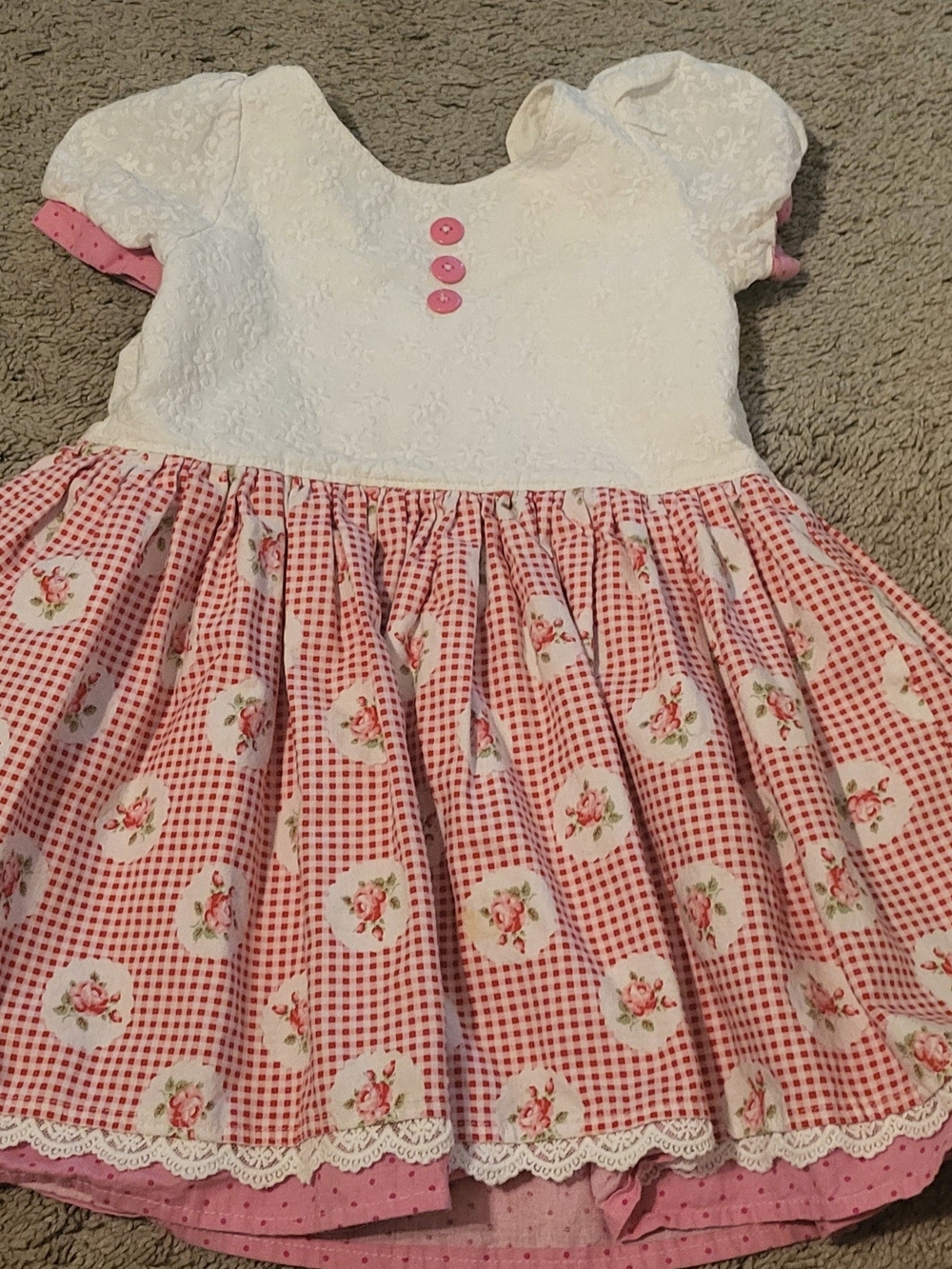 Pink Floral Gingham Fit-and-Flare Girls' Dress with Textured White Bodice